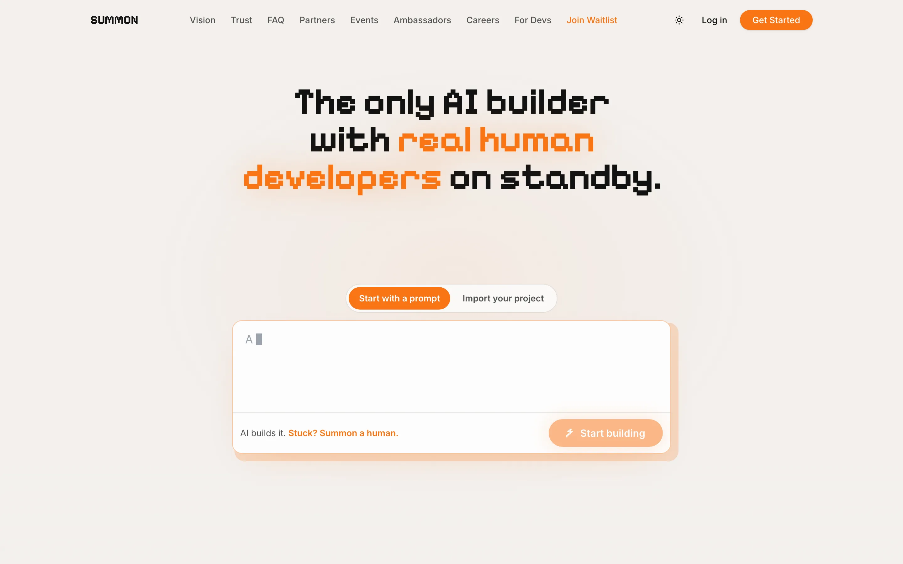 Summon.dev home page: 'The only AI builder with real human developers on standby'