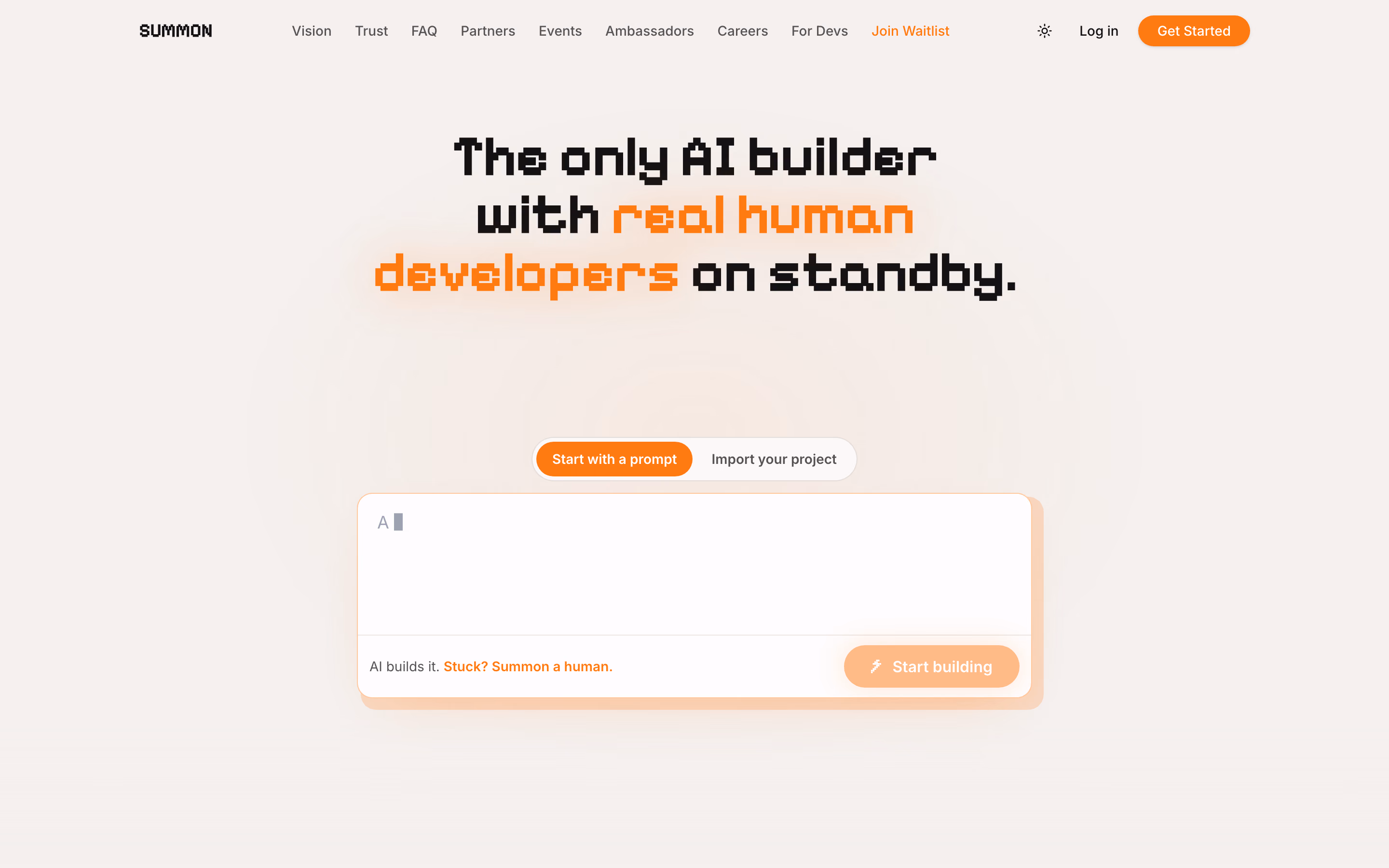 Summon.dev home page: 'The only AI builder with real human developers on standby'